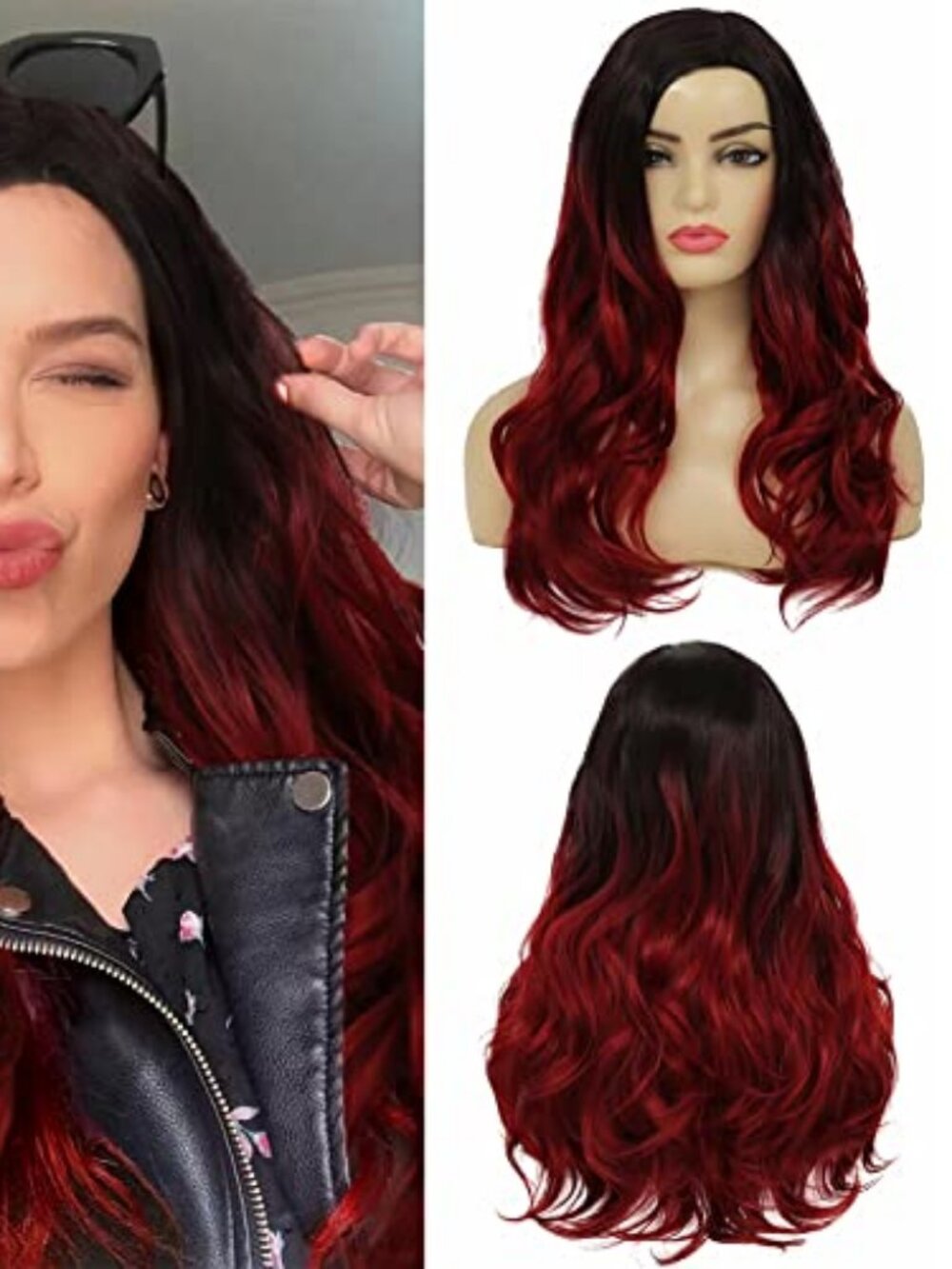 Ombre Red Curly Wig Long Wavy Hair Wigs for Women Black Red Synthetic Fiber
